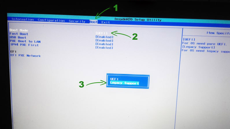 bios screen boot mode Uefi to legacy support lenovo