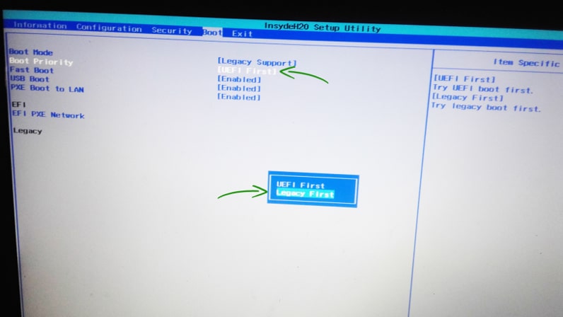 boot mode legacy support boot priority uefi first