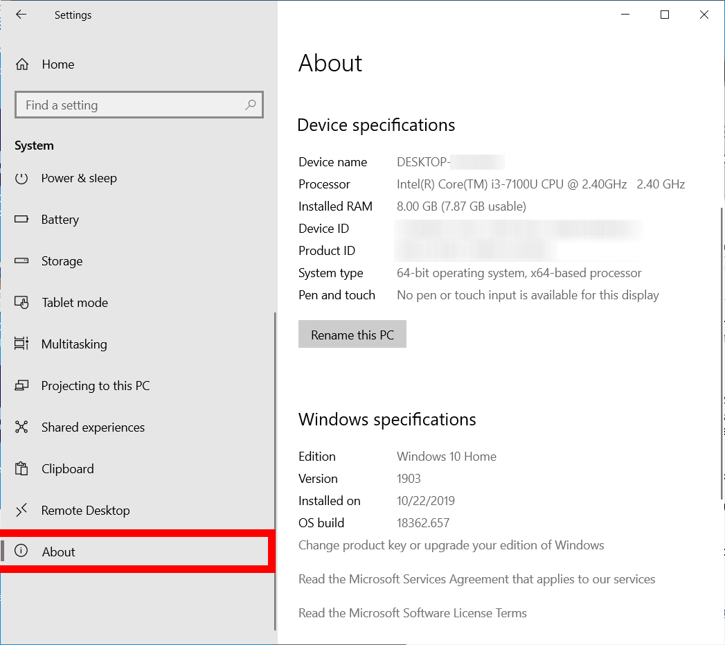 Windows 10 settings about Electronic Repair